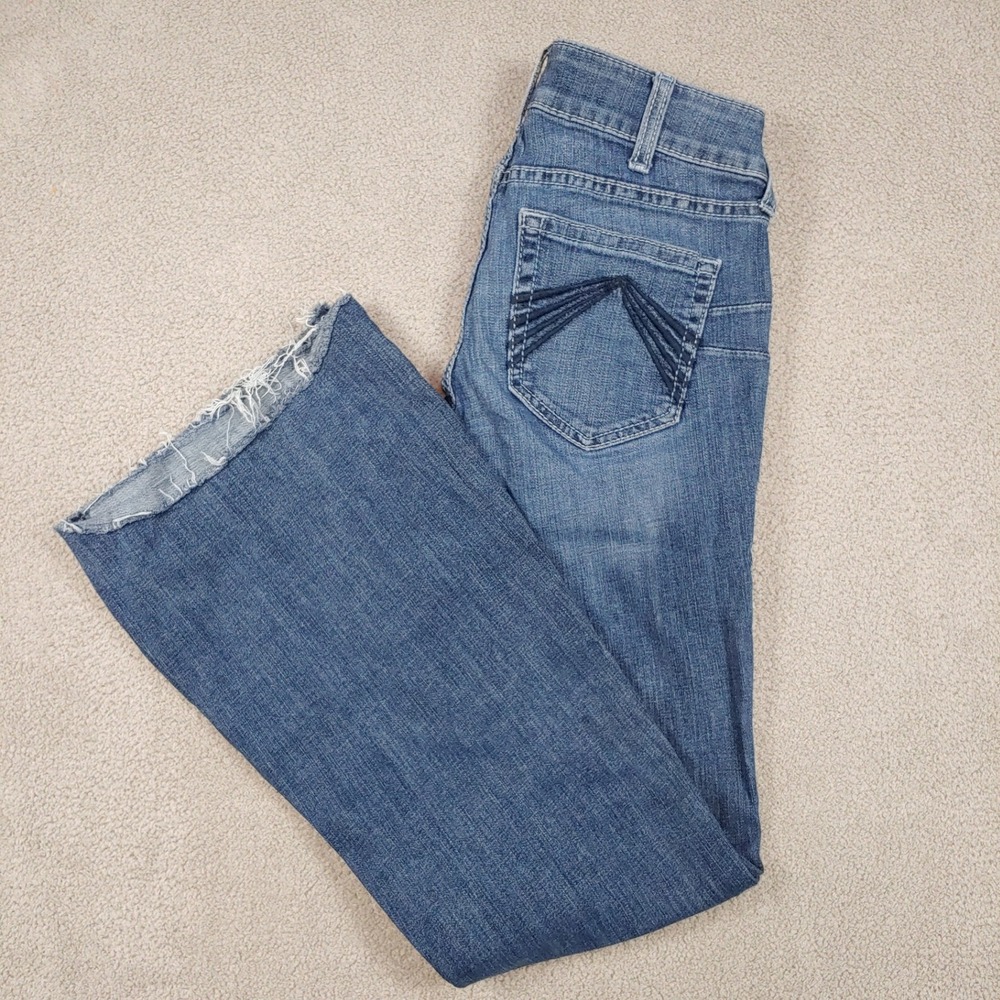 Ariat Real Mid Rise Flare Jeans - Women 30x32 Blue Goldie Avalynn Raw Hem Denim